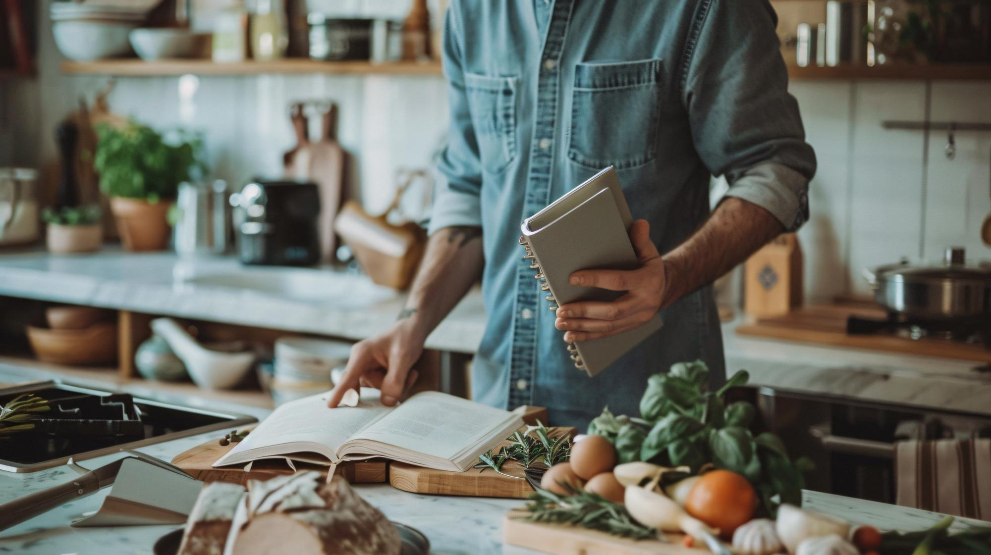 Cozy kitchen workspace with ingredients and notes